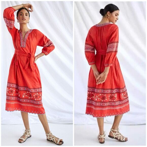 Anthropologie Scarlet Puff Sleeved Embroidered Belted Maxi Dress Size XS Boho - Picture 1 of 15